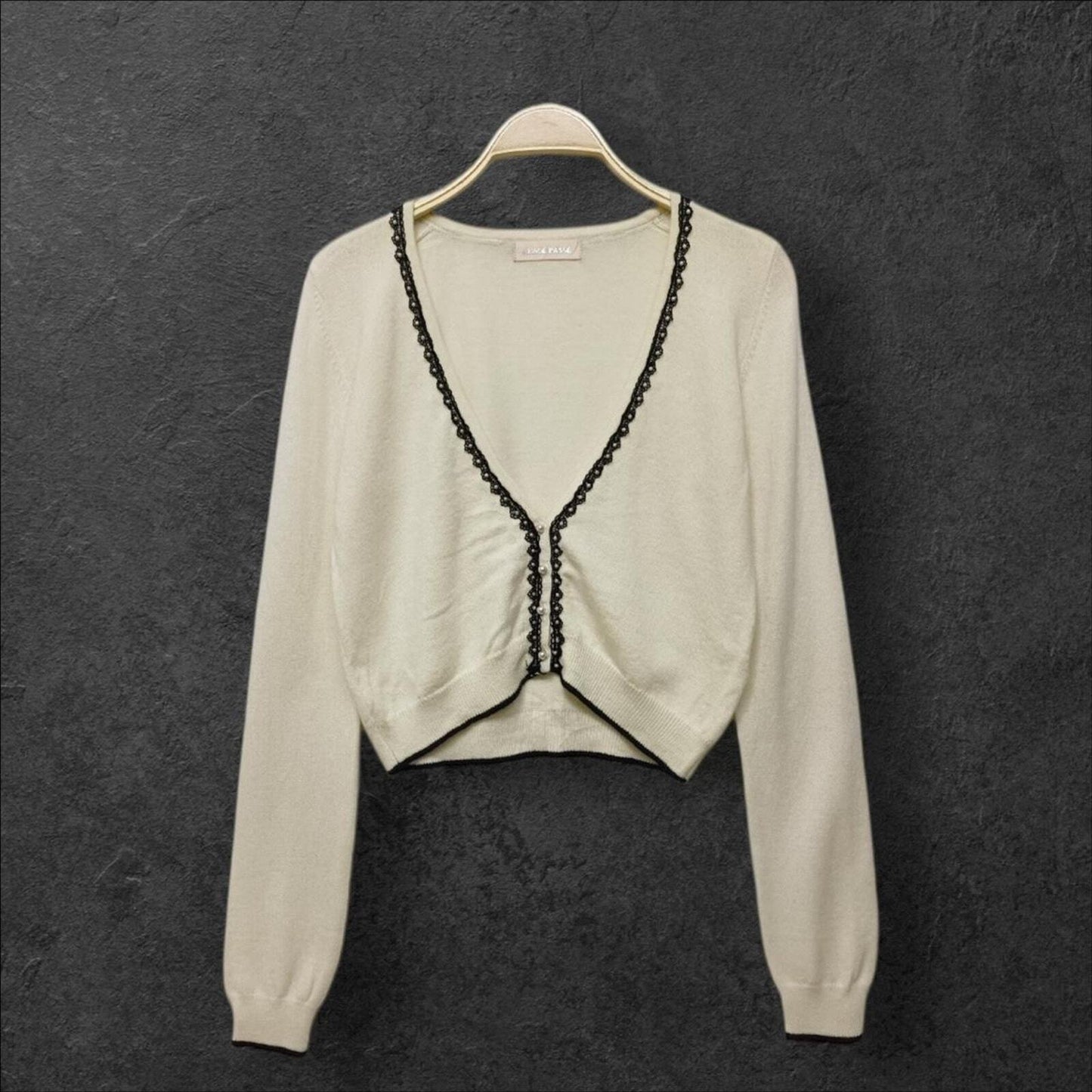 Laisse Passe beige cropped cardigan with lace trim and pearl details fits xs/s0