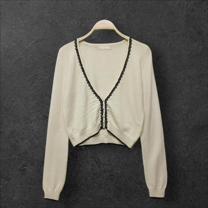 Laisse Passe beige cropped cardigan with lace trim and pearl details fits xs/s0