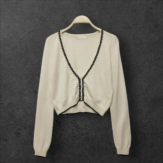 Laisse Passe beige cropped cardigan with lace trim and pearl details fits xs/s0
