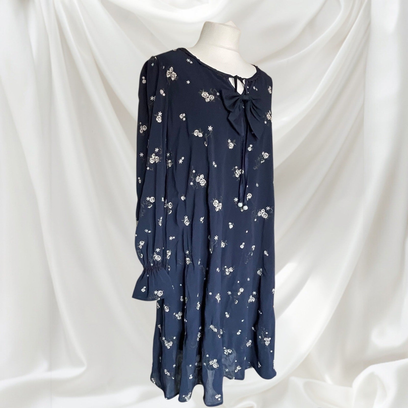 Axes Femme Navy Floral Long Sleeve Dress with Ribbon Bow2