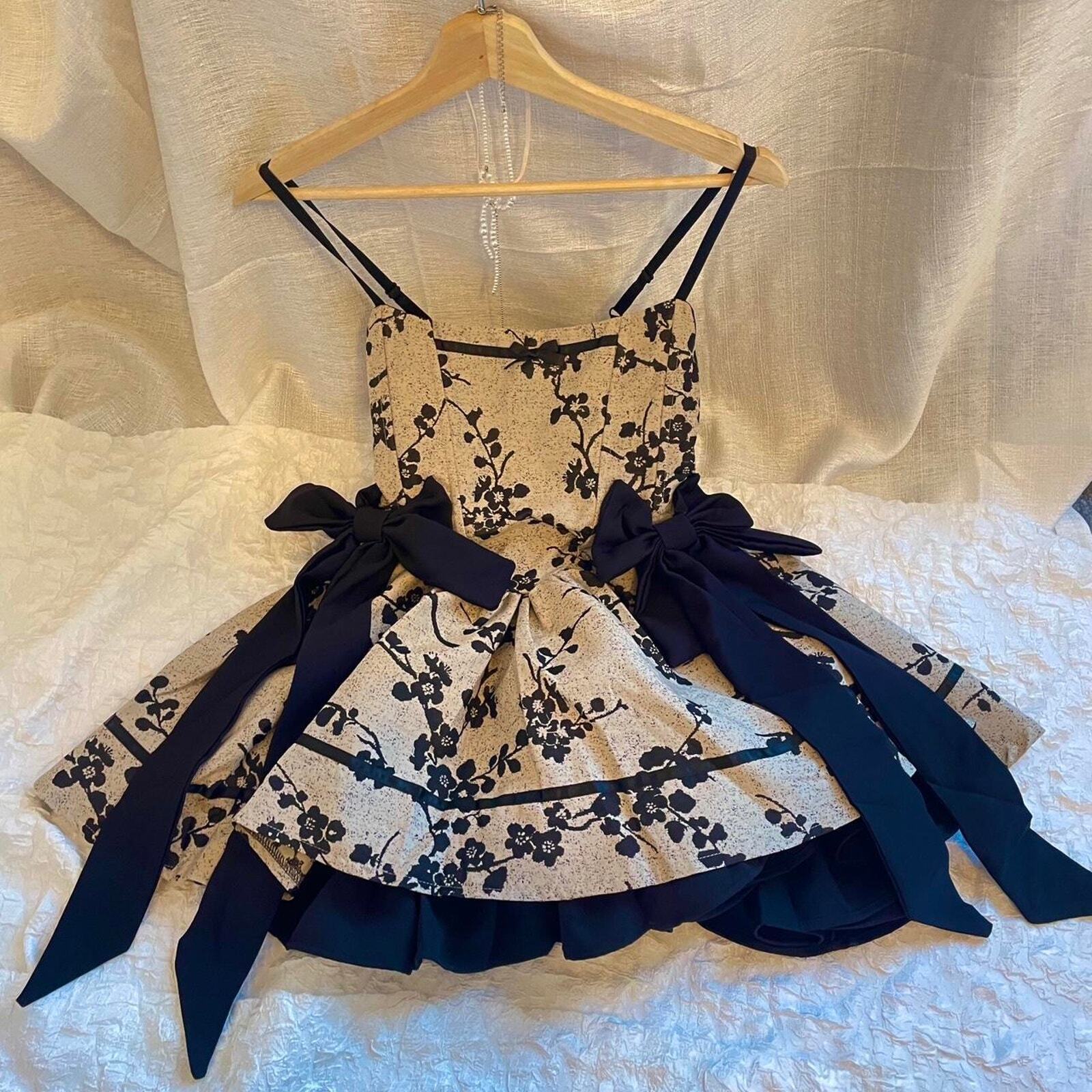 Jacquard retro floral mini dress with bows designer dress XS/S5