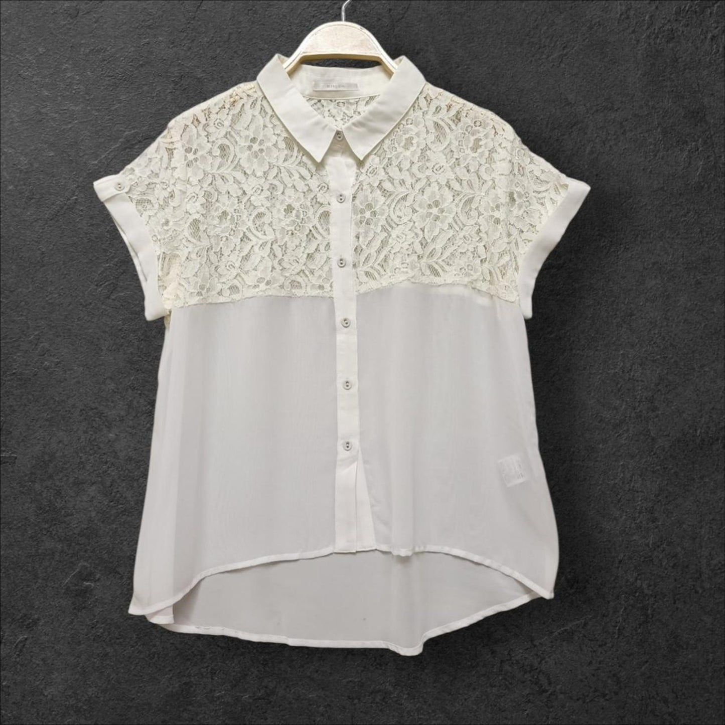 Japanese vintage  ivory lace panel blouse with cap sleeves0