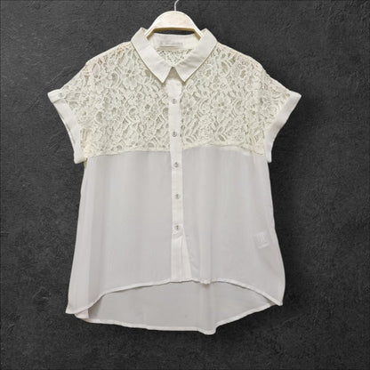 Japanese vintage  ivory lace panel blouse with cap sleeves0