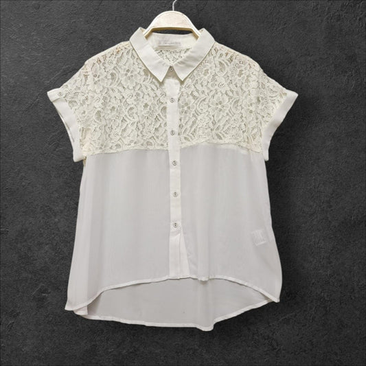 Japanese vintage  ivory lace panel blouse with cap sleeves0