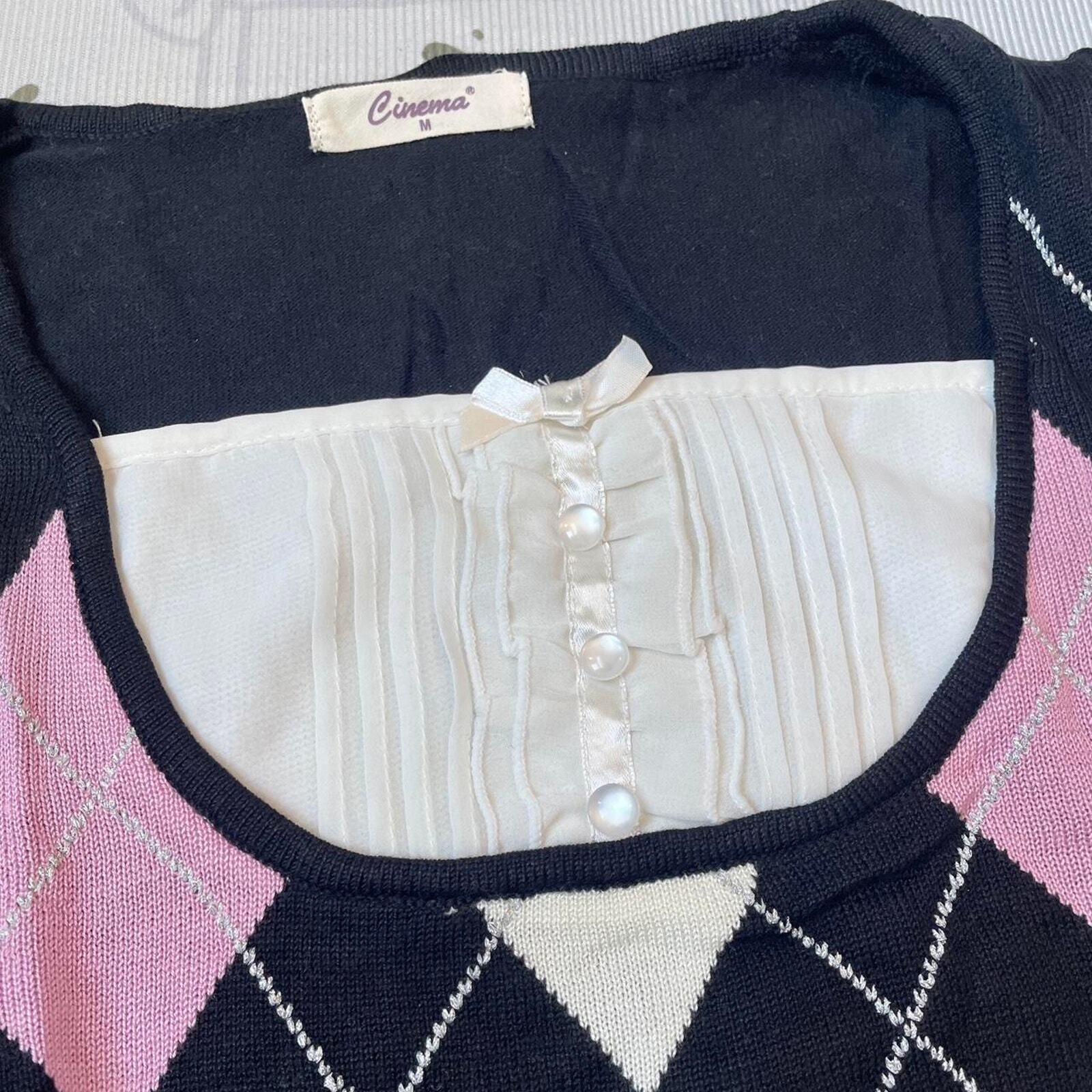 Vintage Japanese l argyle knit top with bow and button detail3