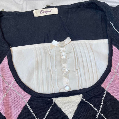 Vintage Japanese l argyle knit top with bow and button detail3