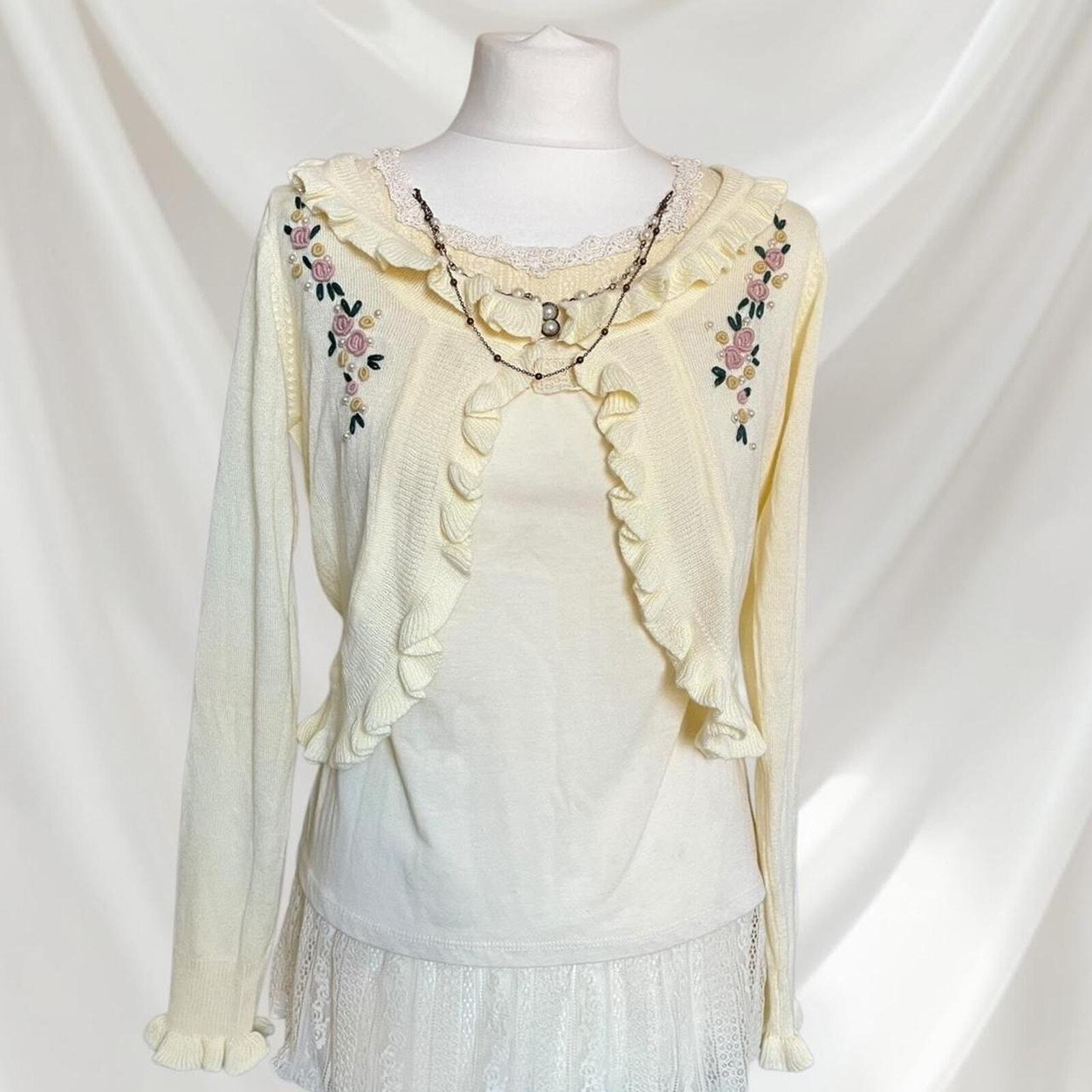 Axes Femme embroidered knit cardigan with ruffle trim rare piece2