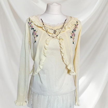 Axes Femme embroidered knit cardigan with ruffle trim rare piece2