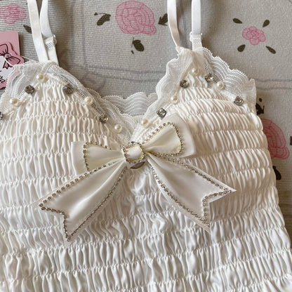 White lace cami cropped top with pearl bow and adjustable straps2