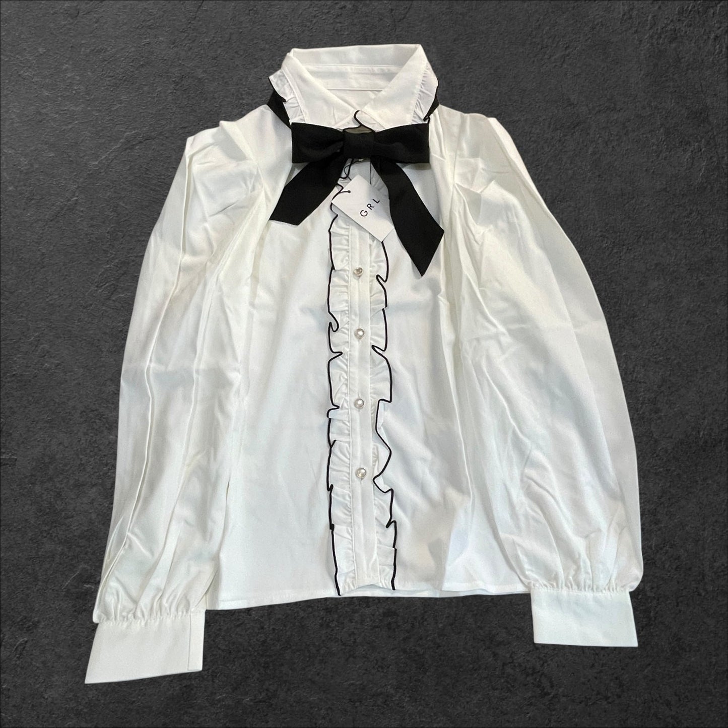 GRL Ribbon Blouse – White Ruffle Shirt with Black Bow, Kawaii J-fashion0