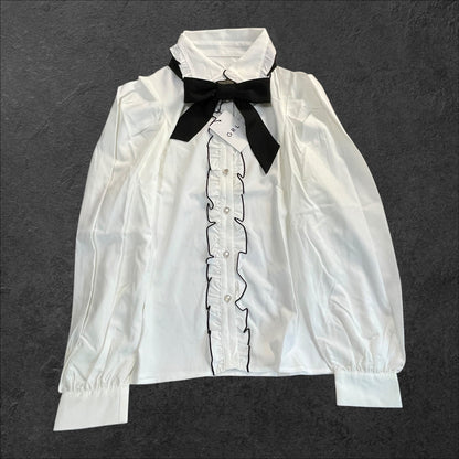 GRL Ribbon Blouse – White Ruffle Shirt with Black Bow, Kawaii J-fashion0