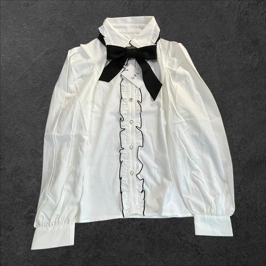 GRL Ribbon Blouse – White Ruffle Shirt with Black Bow, Kawaii J-fashion0