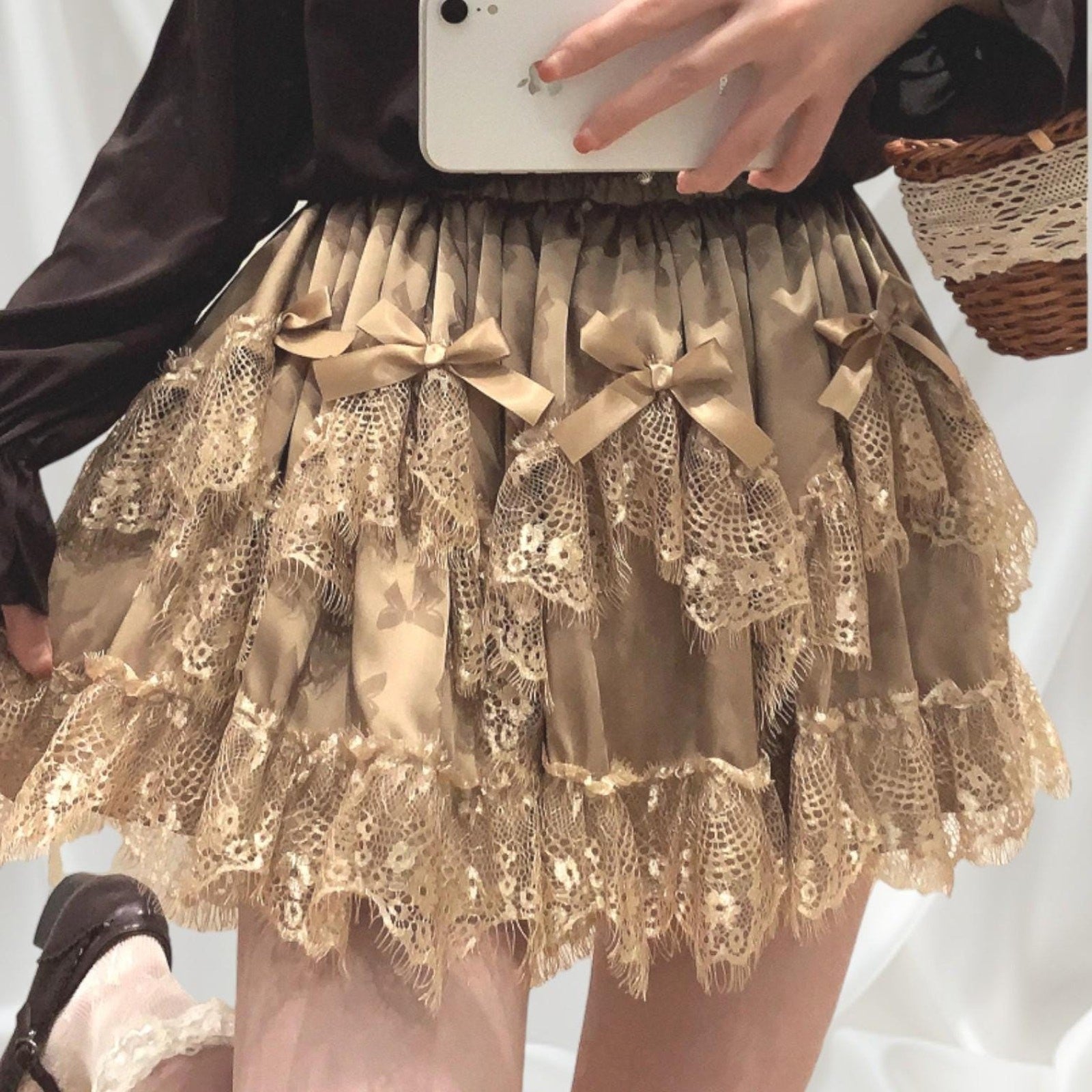 Layered lace ruffle mini skirt with satin bows0
