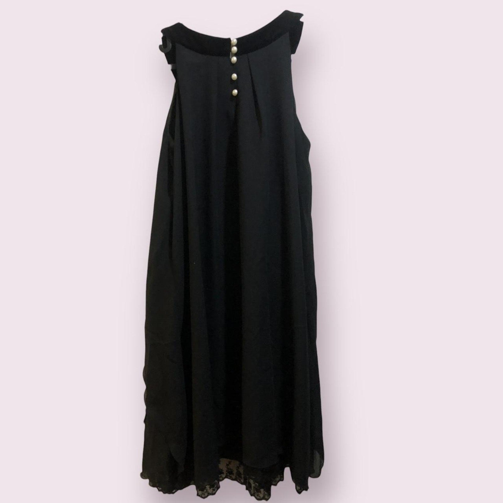 Axes femme black chiffon dress with pearl neckline and rosette detai6