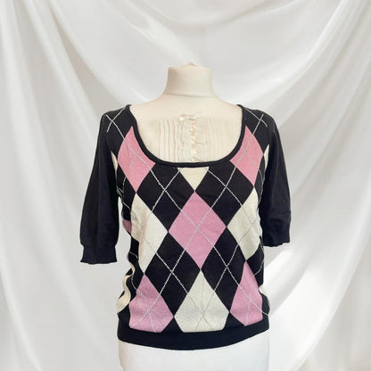 Vintage Japanese l argyle knit top with bow and button detail1