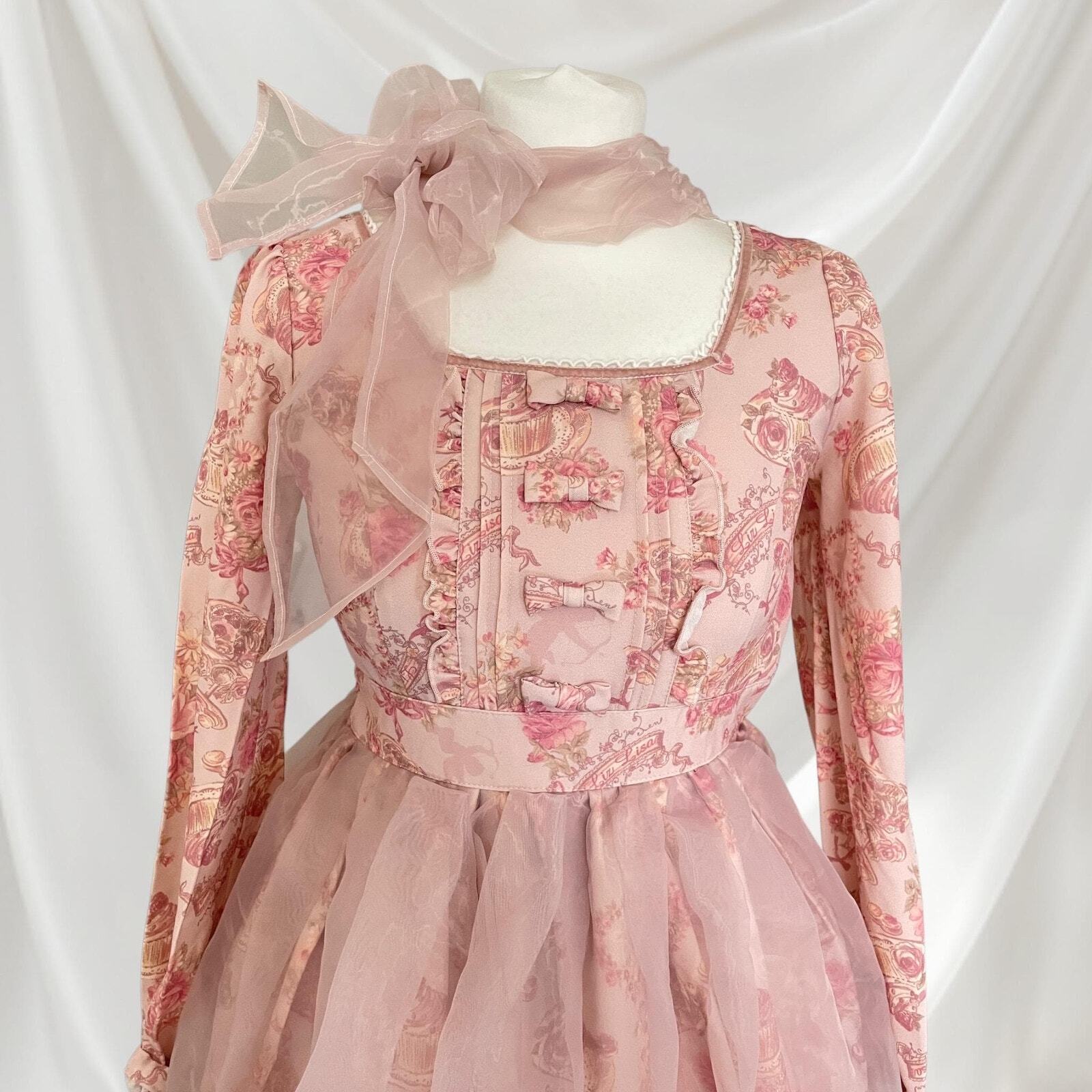 Pink floral chiffon dress with bow accent - elegant Lolita style by Liz Lisa2