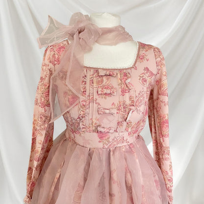 Pink floral chiffon dress with bow accent - elegant Lolita style by Liz Lisa2