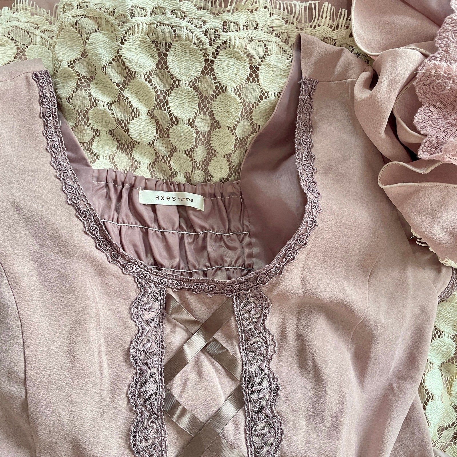 Axes Femme Dusty Rose Lace-Up Dress Cream Floral Lace Overlay1