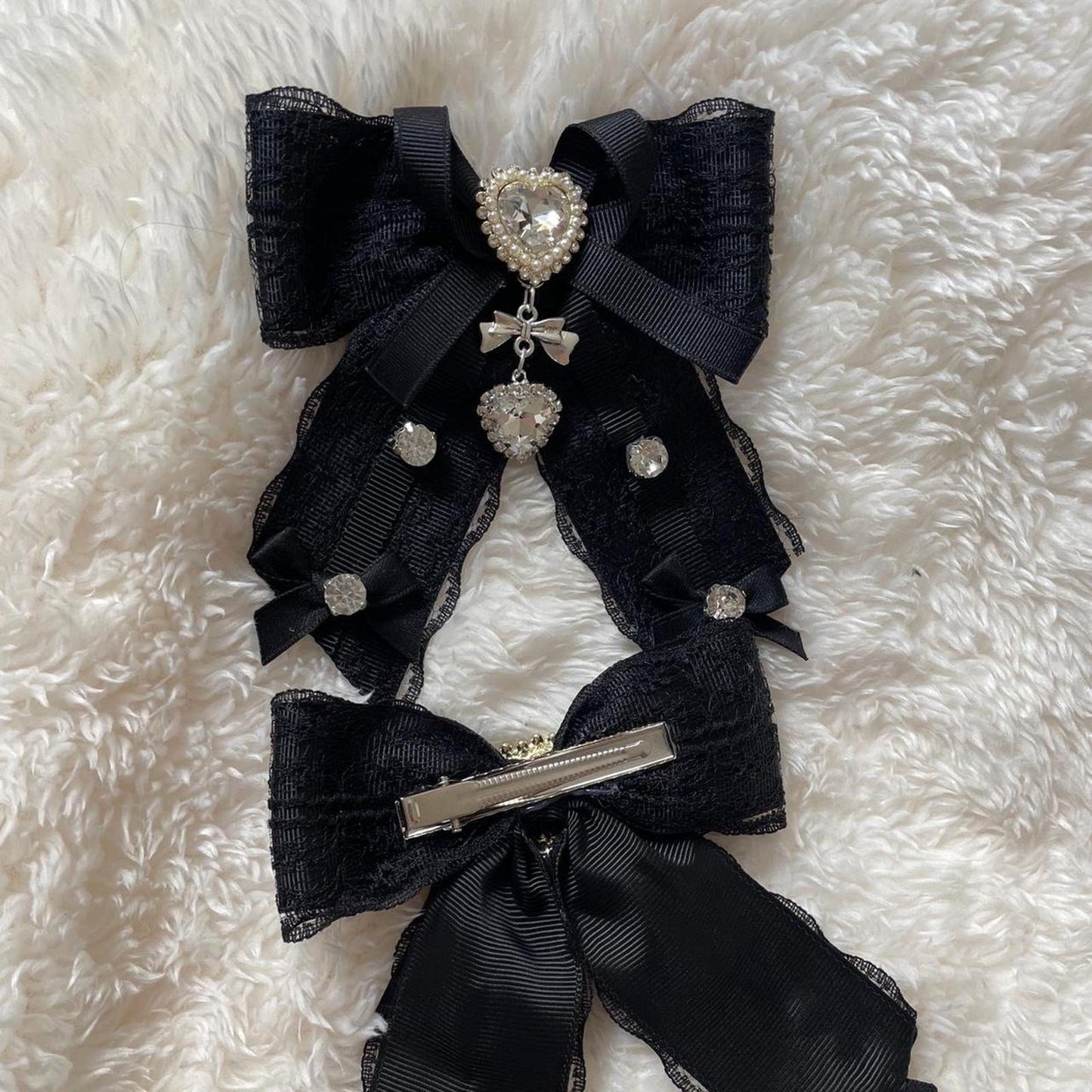 Jirai Kei black lace jewel bow clips - heart charm lolita accessory pair1