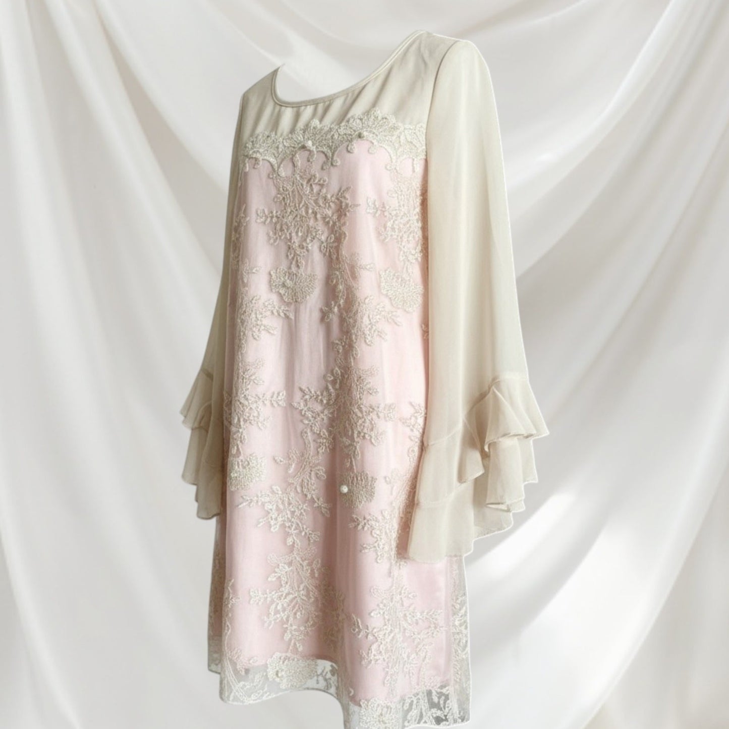 SNIDEL Embroidered Chiffon Dress – Soft Pink & Ivory Romantic Style0