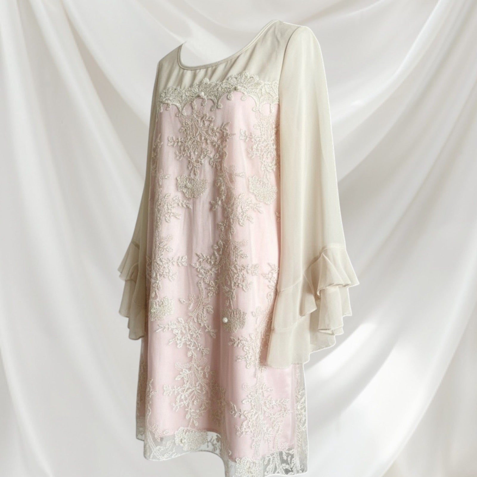 SNIDEL Embroidered Chiffon Dress – Soft Pink & Ivory Romantic Style0