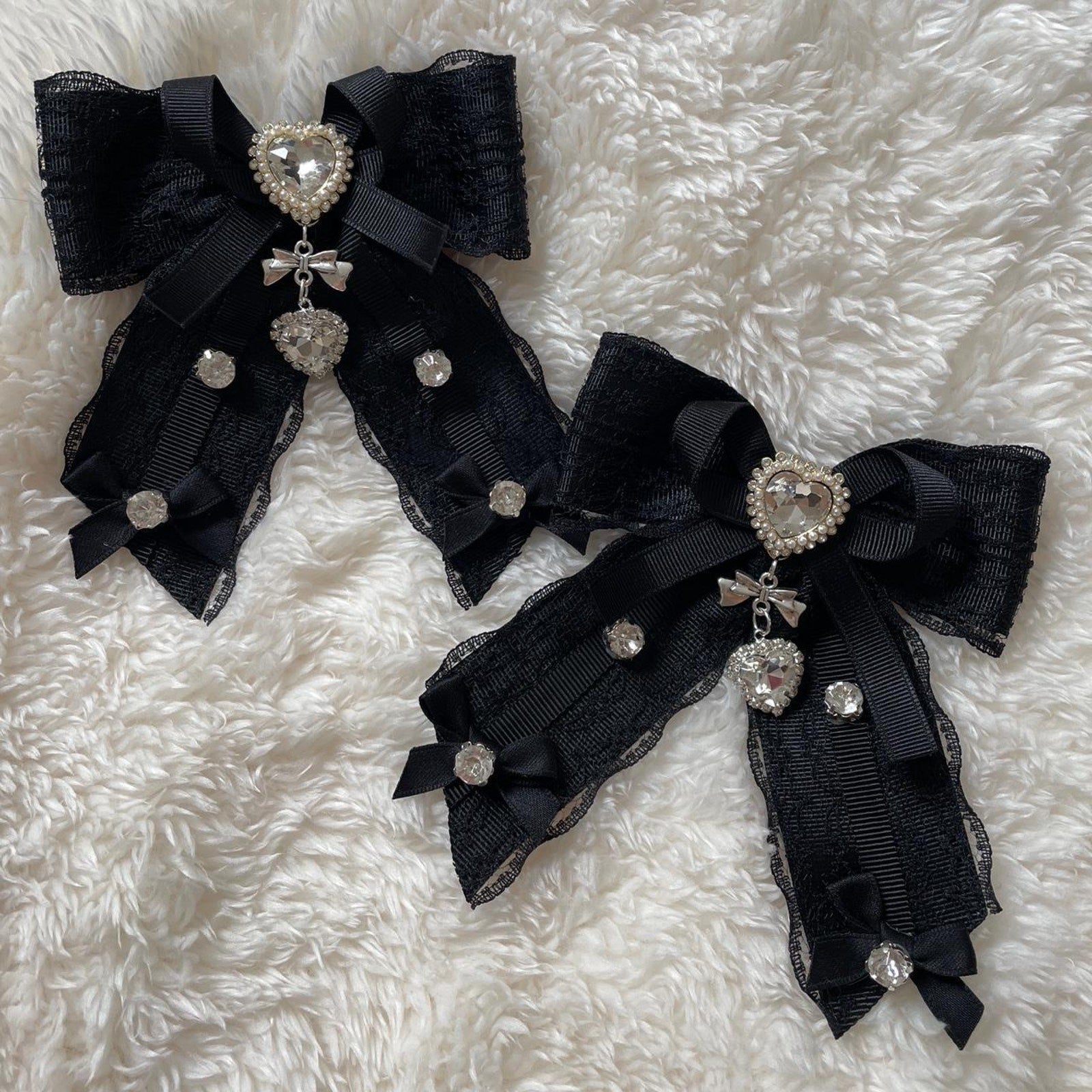 Jirai Kei black lace jewel bow clips - heart charm lolita accessory pair0