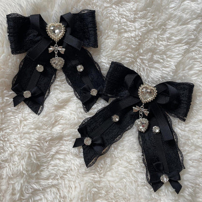 Jirai Kei black lace jewel bow clips - heart charm lolita accessory pair0