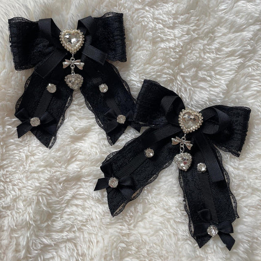 Jirai Kei black lace jewel bow clips - heart charm lolita accessory pair0