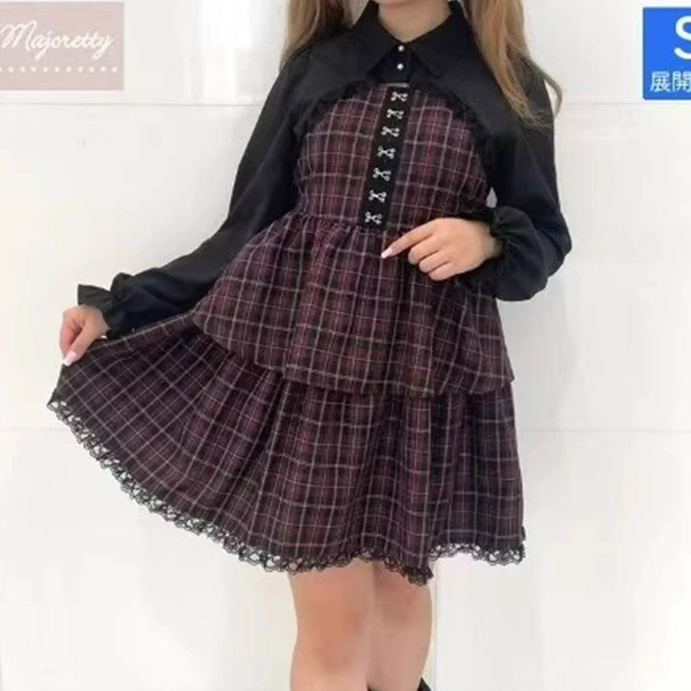 Majonetty Plaid Tiered Long Sleeve Dress Jirai Kei Subcul0