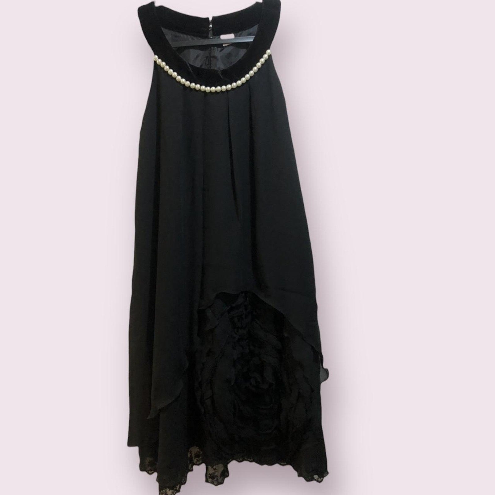 Axes femme black chiffon dress with pearl neckline and rosette detai5