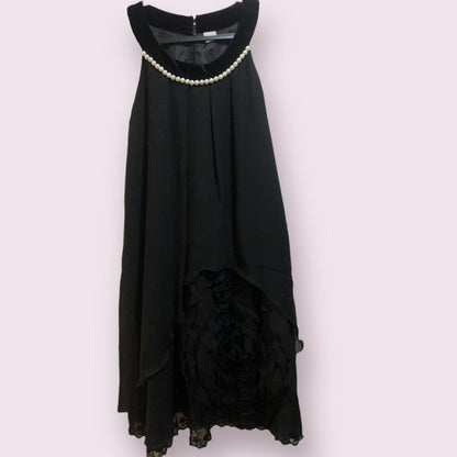 Axes femme black chiffon dress with pearl neckline and rosette detai5