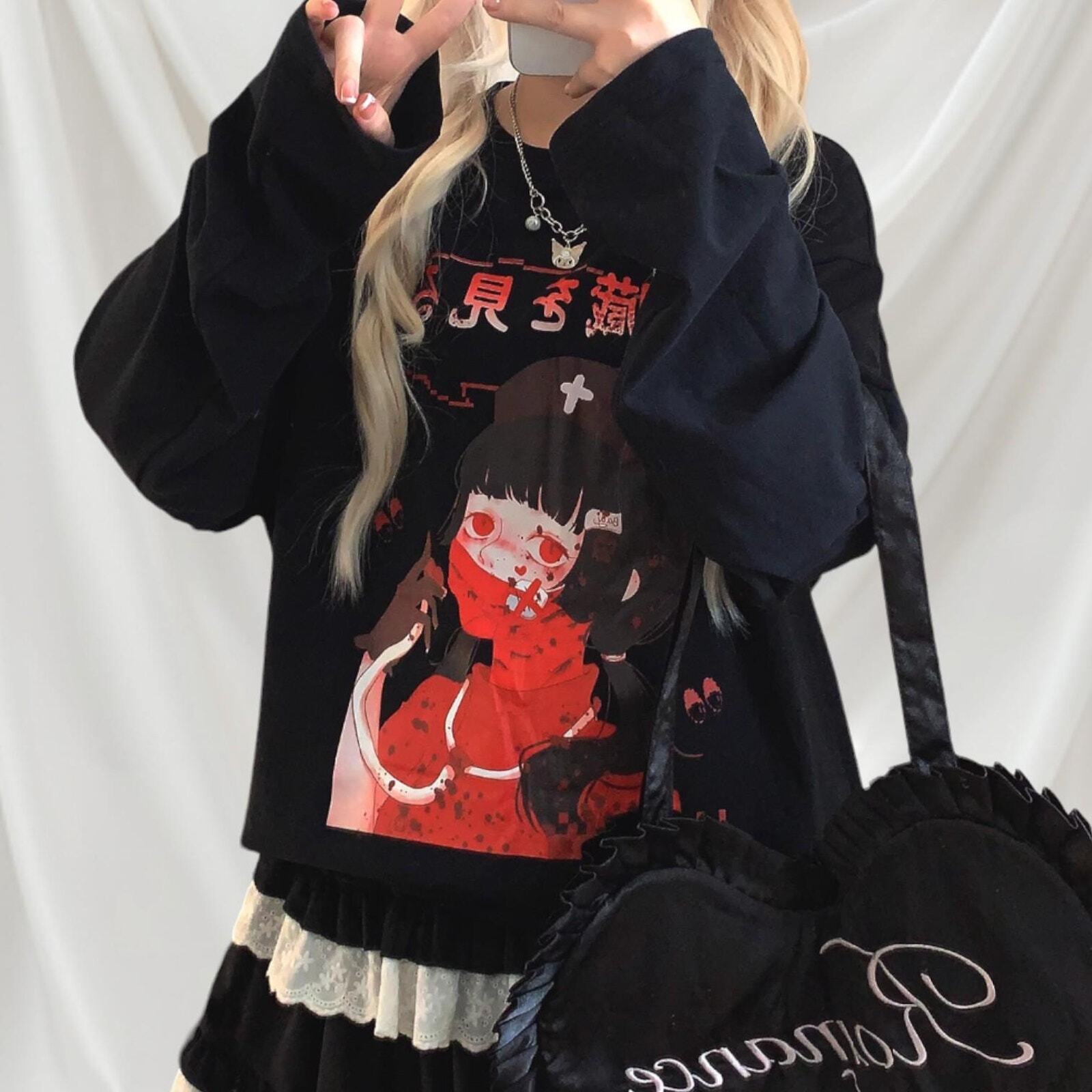 Japanese oversized black Tee with graphic character print Anime Tee1