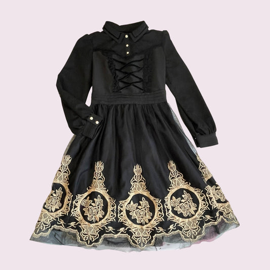 Axes Femme black embroidered dress – elegant gothic, gold rose embroidery0