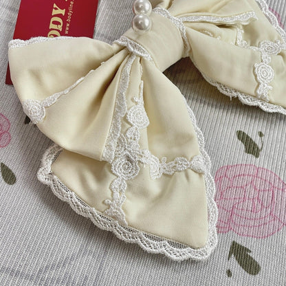 Bodyline cream/light yellow lace-trim bow hair clip, Japan Lolita accessory1