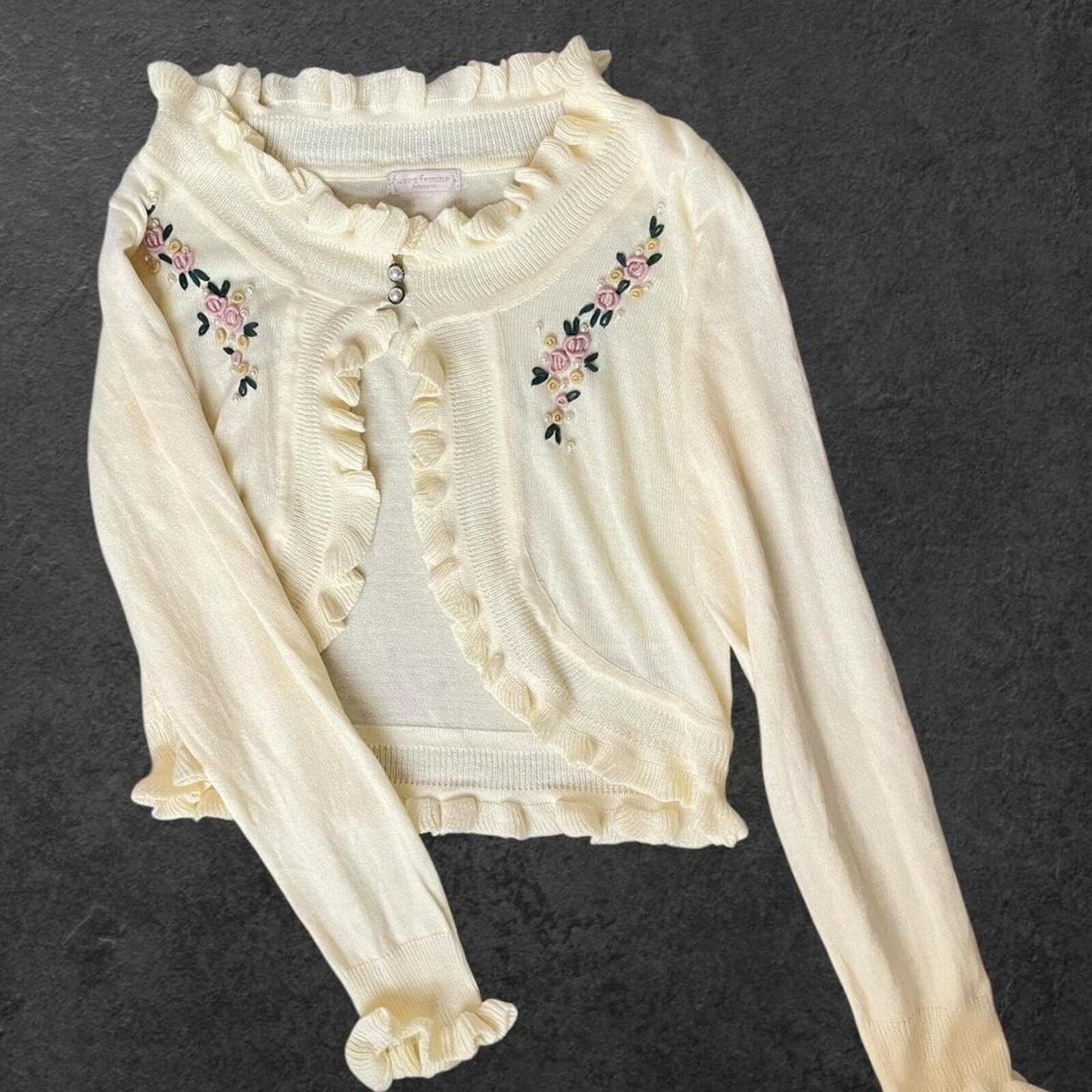 Axes Femme embroidered knit cardigan with ruffle trim rare piece0