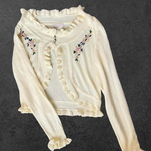Axes Femme embroidered knit cardigan with ruffle trim rare piece0