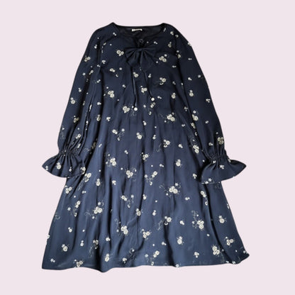 Axes Femme Navy Floral Long Sleeve Dress with Ribbon Bow0