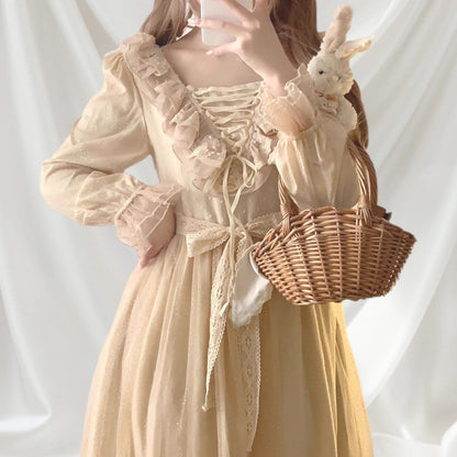 Vintage-inspired midi dress with a lace-up detail with ruffles and a lace belt 2