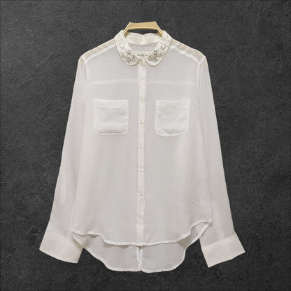 Japanese Vintage Sheer Blouse – Embroidered Collar, Soft & Lightweight0