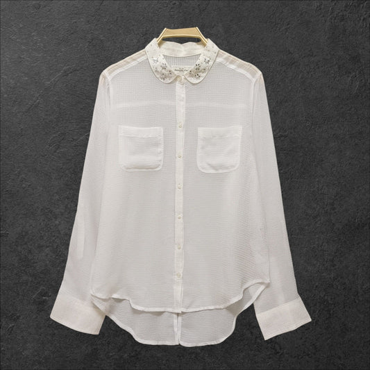 Japanese Vintage Sheer Blouse – Embroidered Collar, Soft & Lightweight0