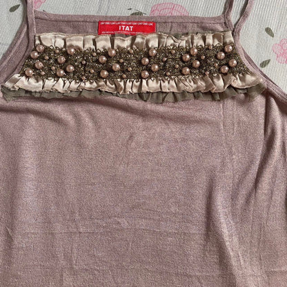 Vintage knit camisole with pearl ruffle trim3