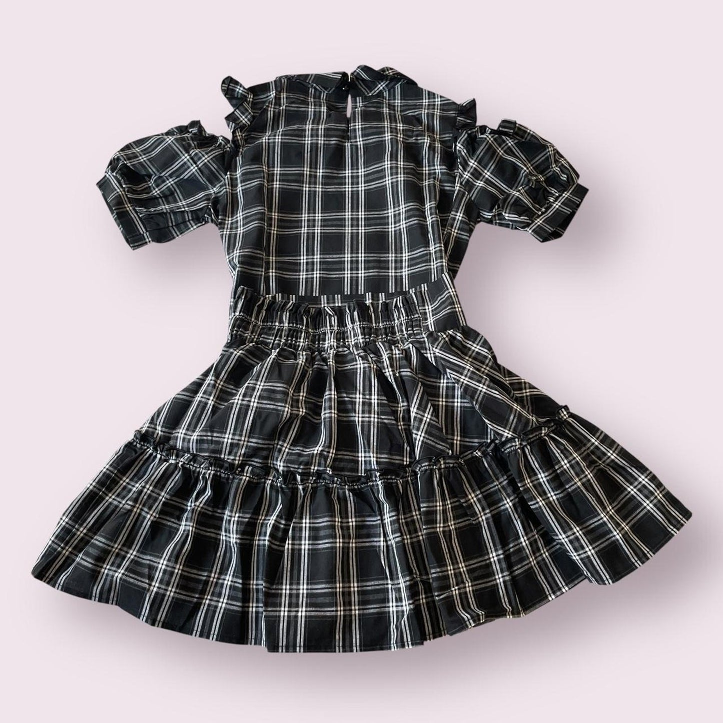Japanese Jirai Kei plaid lace-up cold shoulder dress & tiered skirt set2