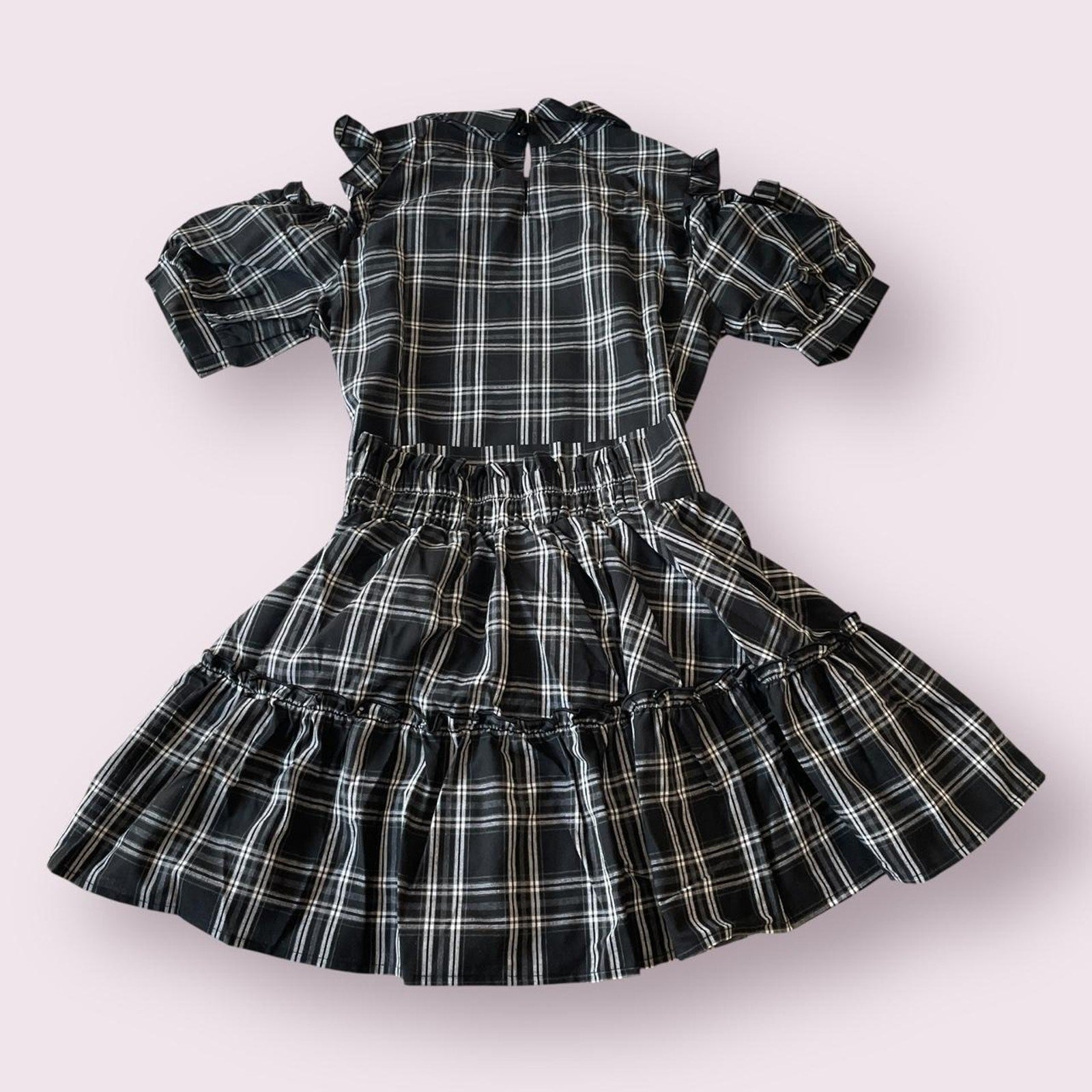 Japanese Jirai Kei plaid lace-up cold shoulder dress & tiered skirt set2