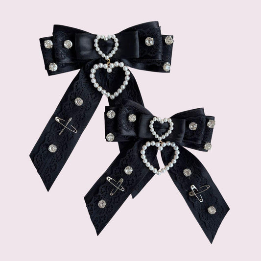 Pearl Heart Rhinestone Hair Bow Clips Set – Gothic Lolita / Elegant Kei bow0