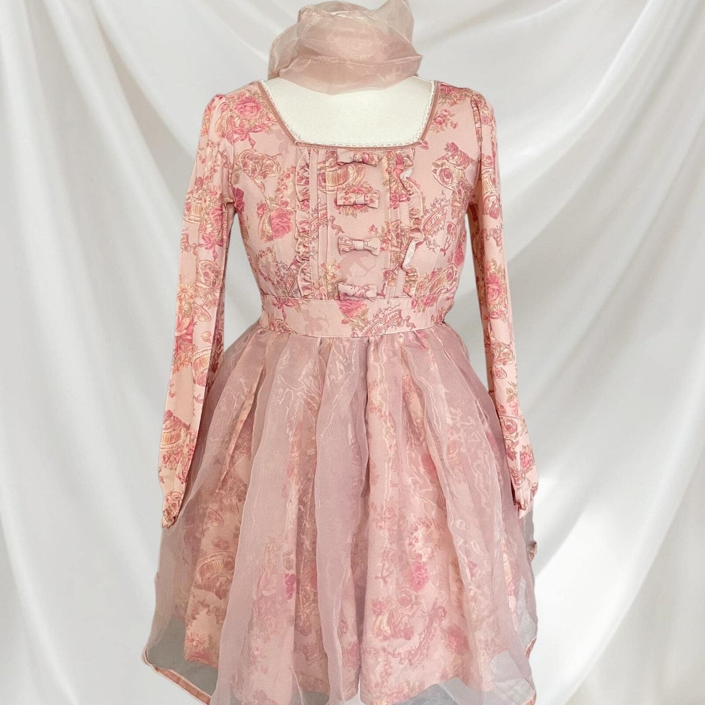Pink floral chiffon dress with bow accent - elegant Lolita style by Liz Lisa4