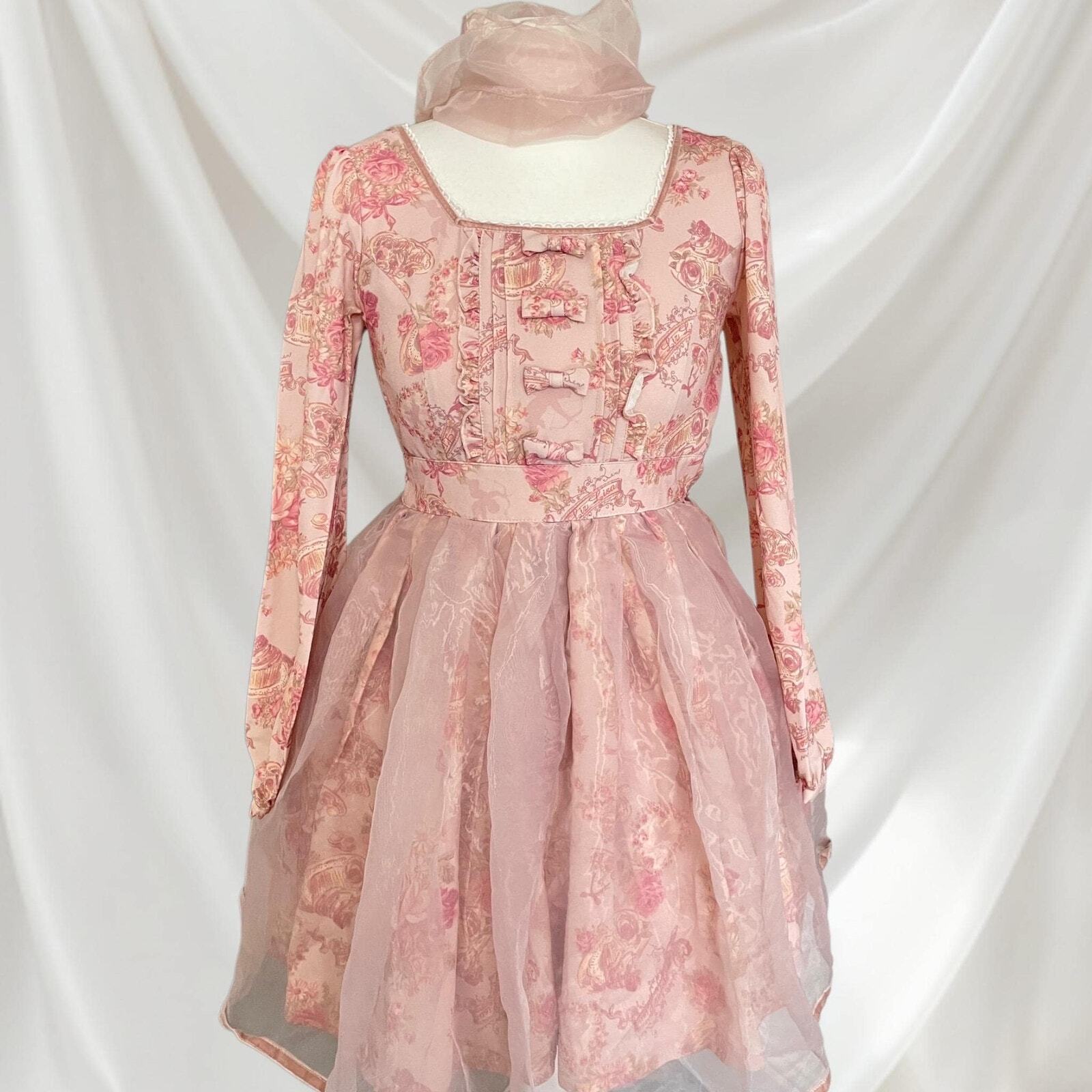 Pink floral chiffon dress with bow accent - elegant Lolita style by Liz Lisa4