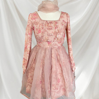 Pink floral chiffon dress with bow accent - elegant Lolita style by Liz Lisa4