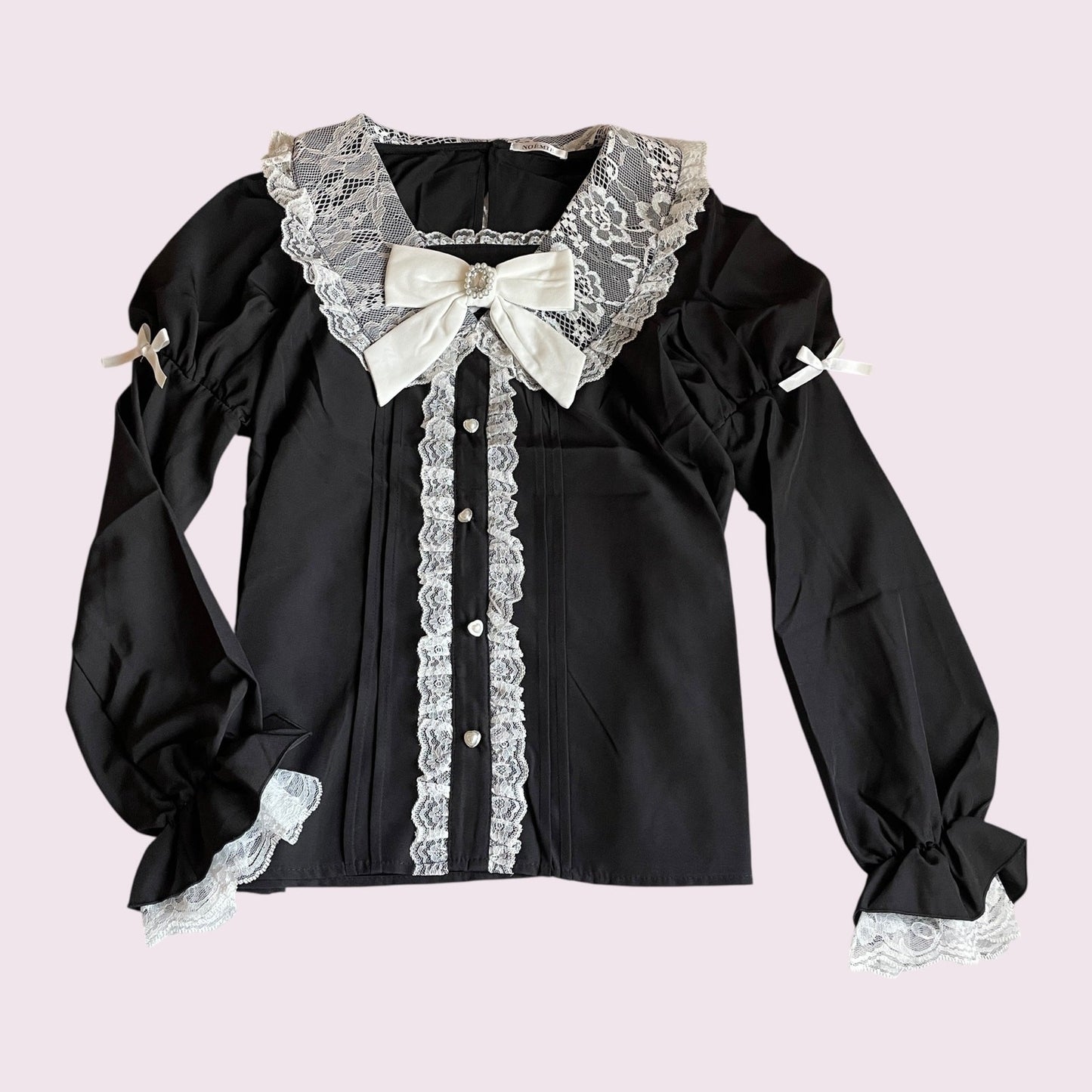Noémie Black Lace Blouse with Satin Bow & Pearl Button Details0