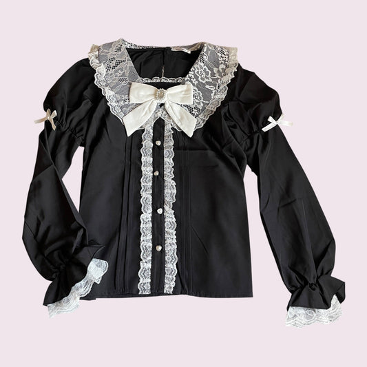 Noémie Black Lace Blouse with Satin Bow & Pearl Button Details0