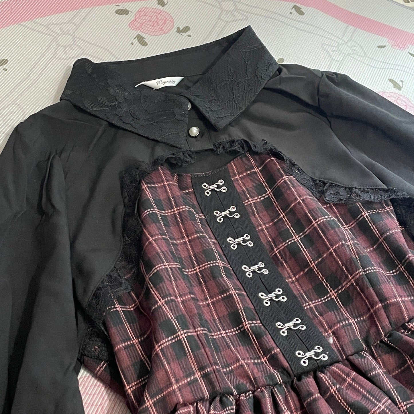 Majonetty Plaid Tiered Long Sleeve Dress Jirai Kei Subcul3